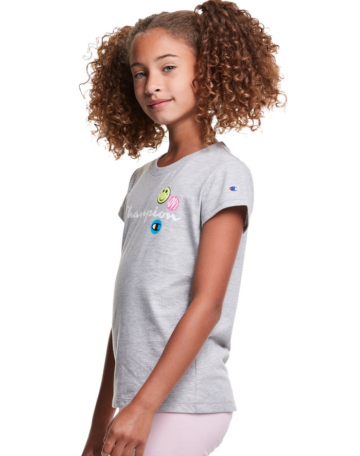 Champion Girls T-Shirt NZ - Classic Smiley Face Grey ( 7539-NQHBL )